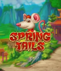 An enchanting illustration of a white rat wearing a red traditional Chinese outfit positioned in front of a picturesque mountain backdrop. The image is for the Spring Tails game by Betsoft, showcased with striking red and gold logo text.