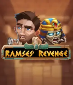 Uncover the ancient world of Ramses' Revenge slot by Relax Gaming, highlighting a frightened explorer and a fierce mummy set against an Egyptian tomb backdrop. This image depicts the adventure of tomb exploration, ideal for fans of Egyptian-themed slots, offering a captivating gaming experience. 